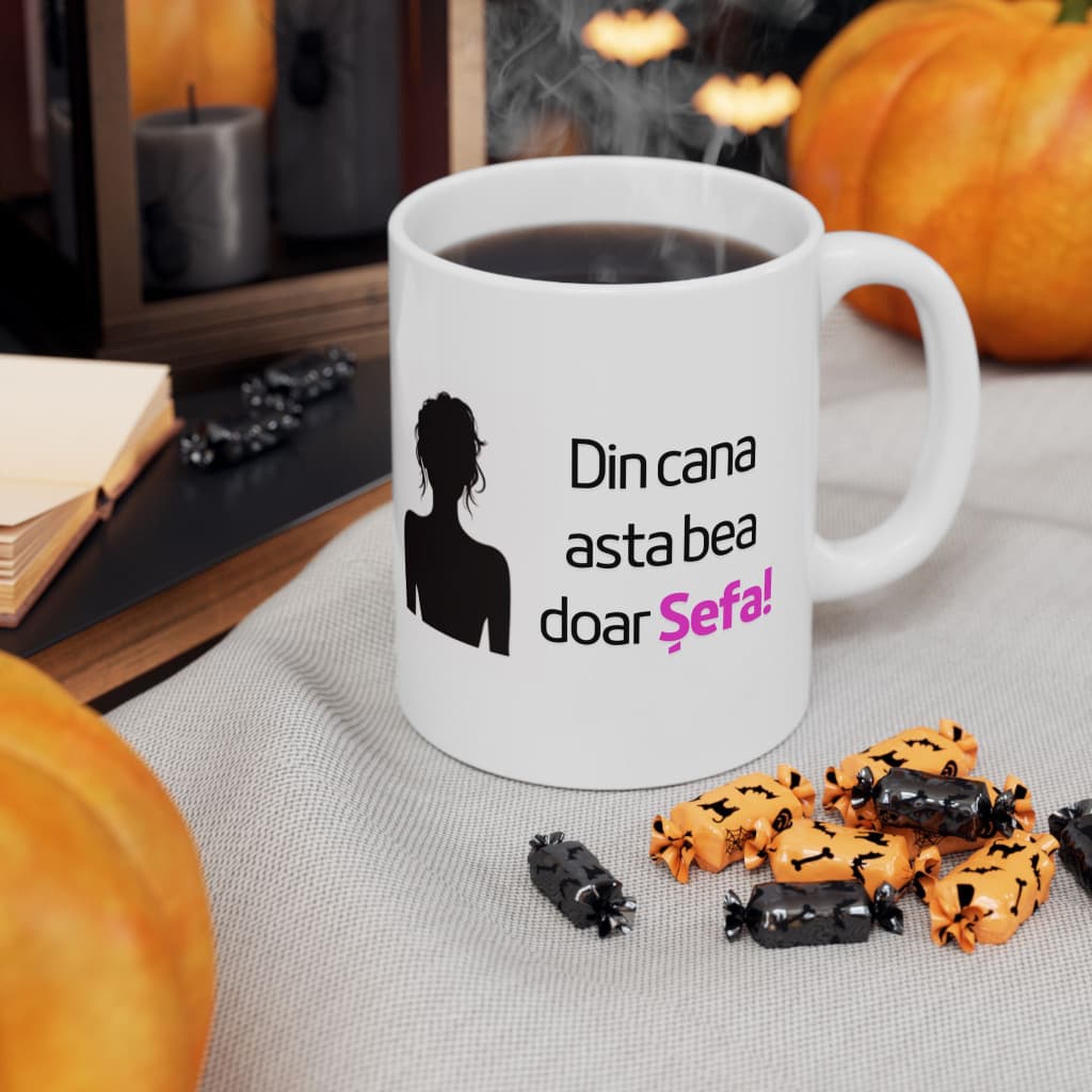 Cana ceramica personalizata, mesaj "Din cana asta bea doar Sefa", 330 ml, alba — 3
