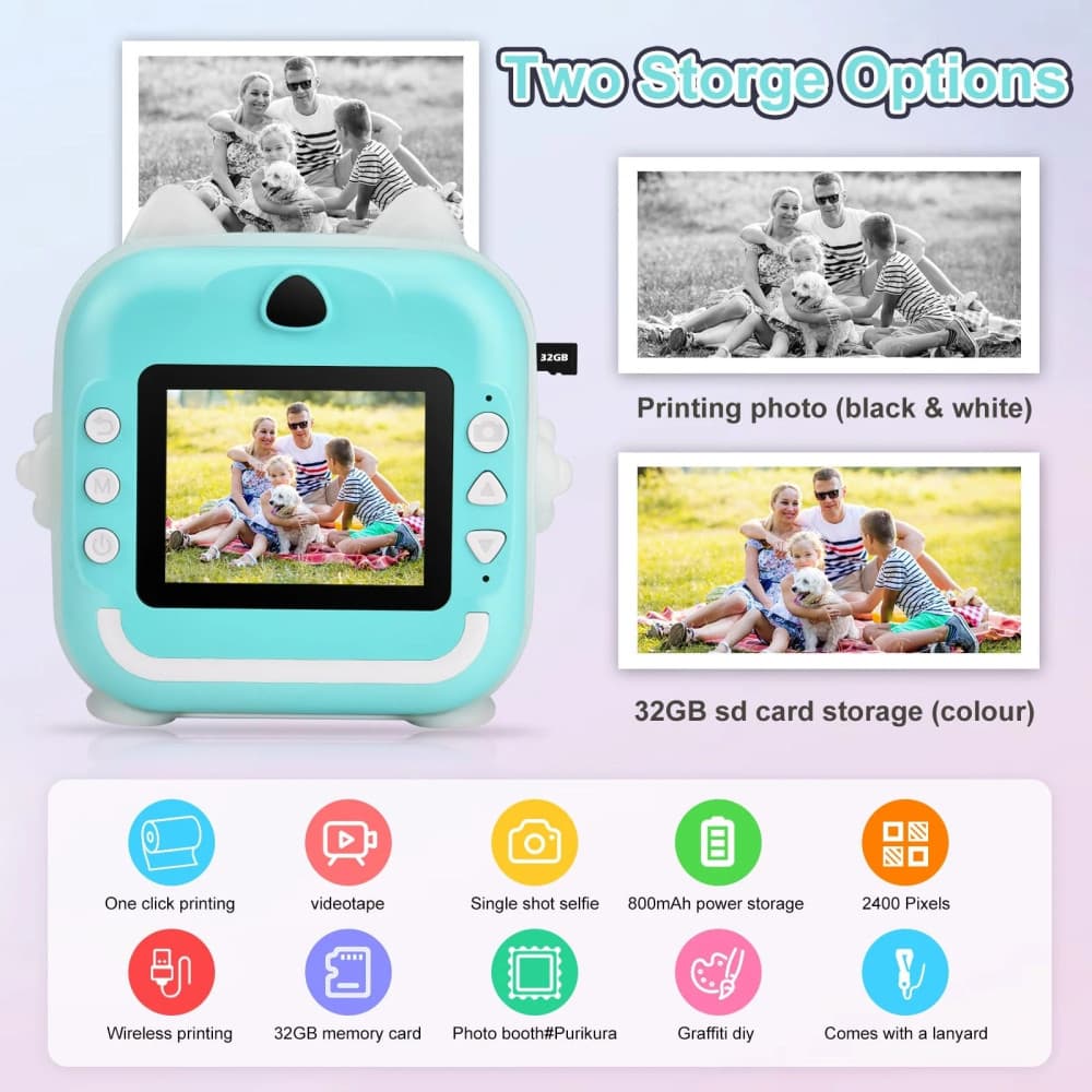 Aparat foto, camera video Full HD pentru copii, imprimanta termica incorporata, turcoaz — 3