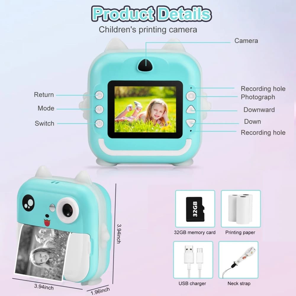 Aparat foto, camera video Full HD pentru copii, imprimanta termica incorporata, turcoaz — 4