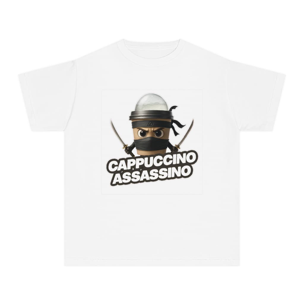 Tricou personalizat alb, copii/adulti, design Cappuccino Assassino 1, modal, diverse marimi — 3