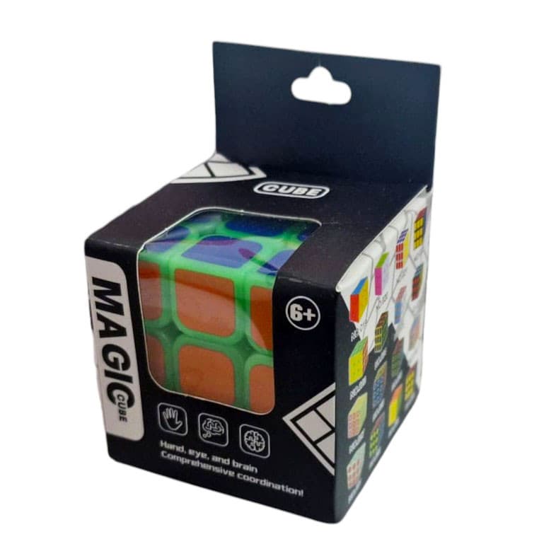 Jucarie cub tip Rubik, 3 x 3 randuri, 5.5 cm, 6 fete colorate, cadru verde fluorescent — 3