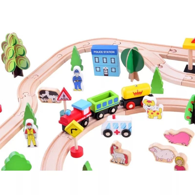 Traseu din lemn Kids Toyland, cu masinute si accesorii, 80 piese — 4