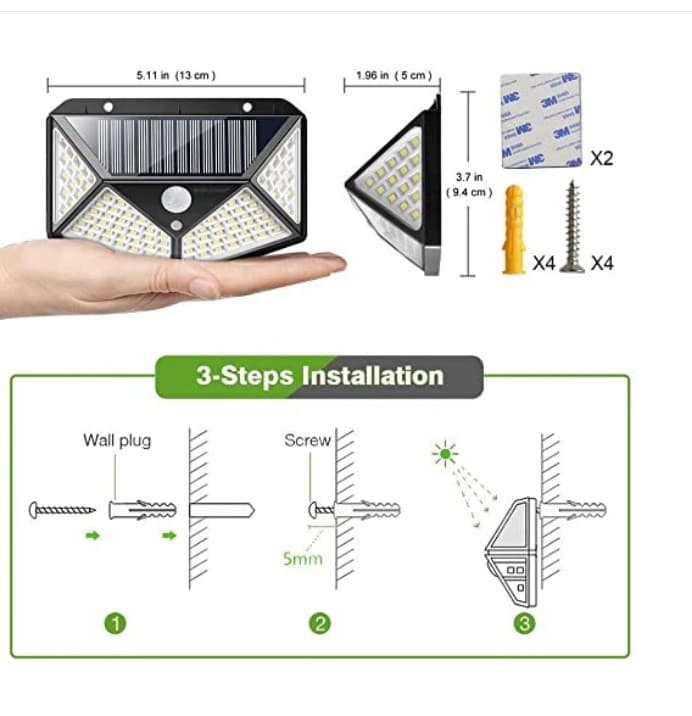 Lampa de exterior cu incarcare solara BK-100, senzor de miscare, unghi de 270 de grade, neagra — 3