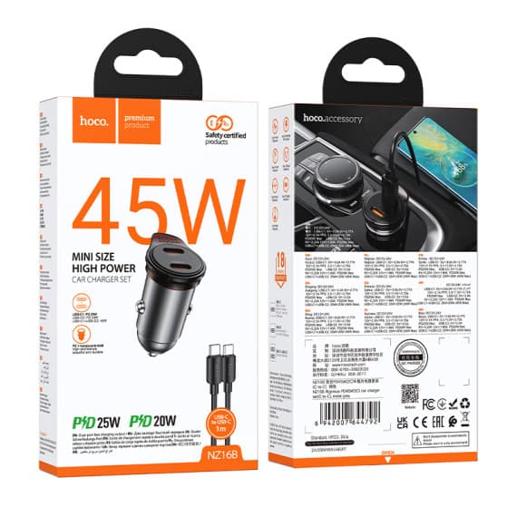 Set incarcator auto + cablu USB-C Hoco NZ16B, PD 45W, 2 x USB-C/PD, gri — 2