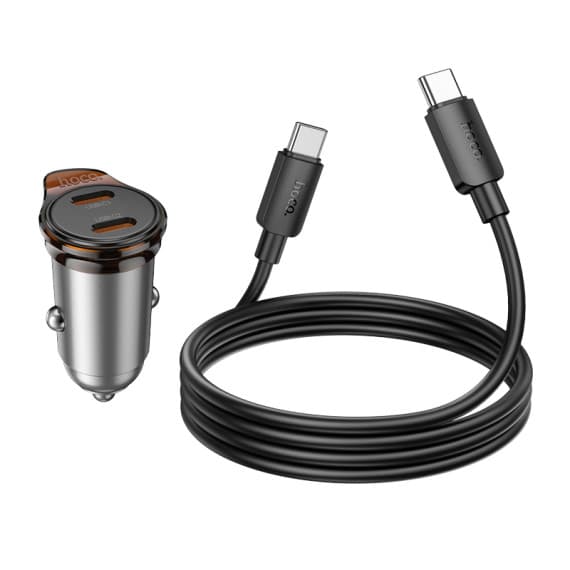Set incarcator auto + cablu USB-C Hoco NZ16B, PD 45W, 2 x USB-C/PD, gri — 3