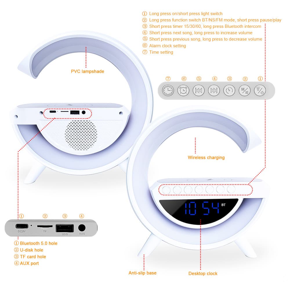 Boxa Bluetooth BT-3401 (LED, AUX, USB, FM, microSD), LED display, incarcare wireless, ceas cu alarma — 3