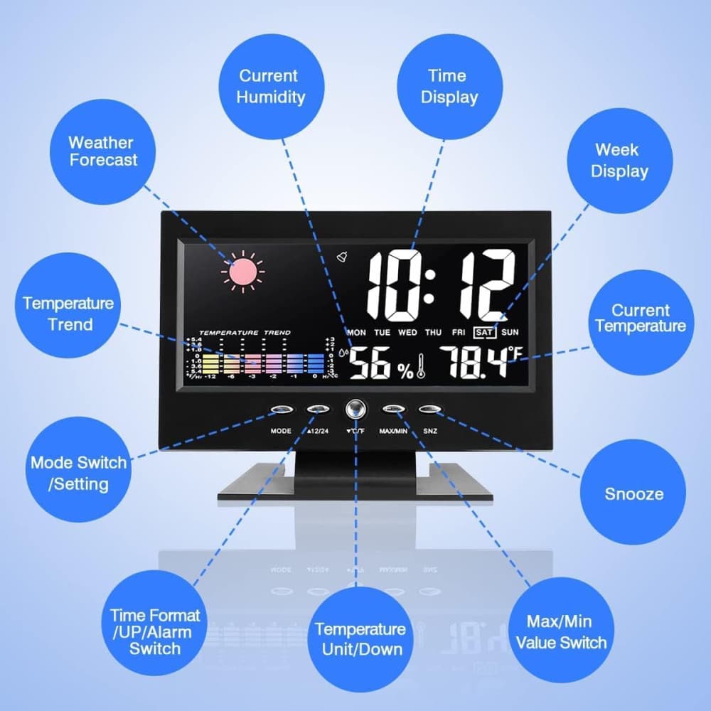 Statie meteo de interior IDK 8082T, ceas, alarma, umiditate, temperatura, afisare ora, data, LCD color, negru — 2