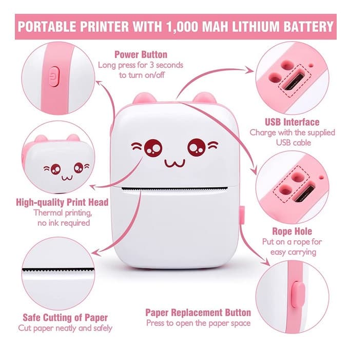 Mini imprimanta termica C9, compatibil iOS/Android, model pisicuta, turcoaz — 2