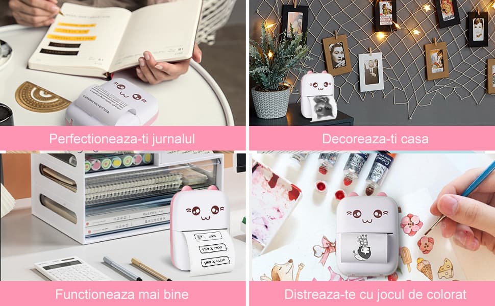 Mini imprimanta termica C9, compatibil iOS/Android, model pisicuta, turcoaz — 4