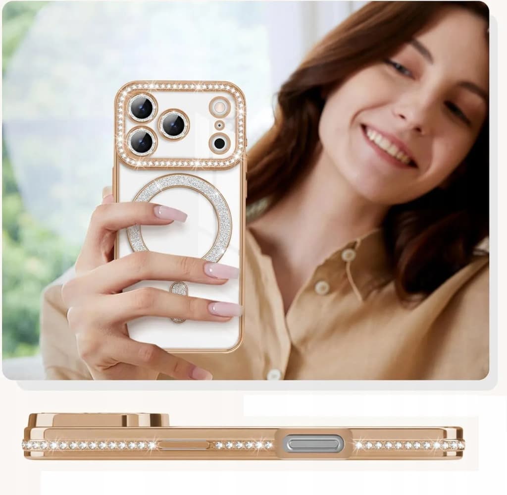 Husa Apple iPhone 17 Pro Max, Electroplating Bling Magsafe, protectie camera, margini aurii — 3