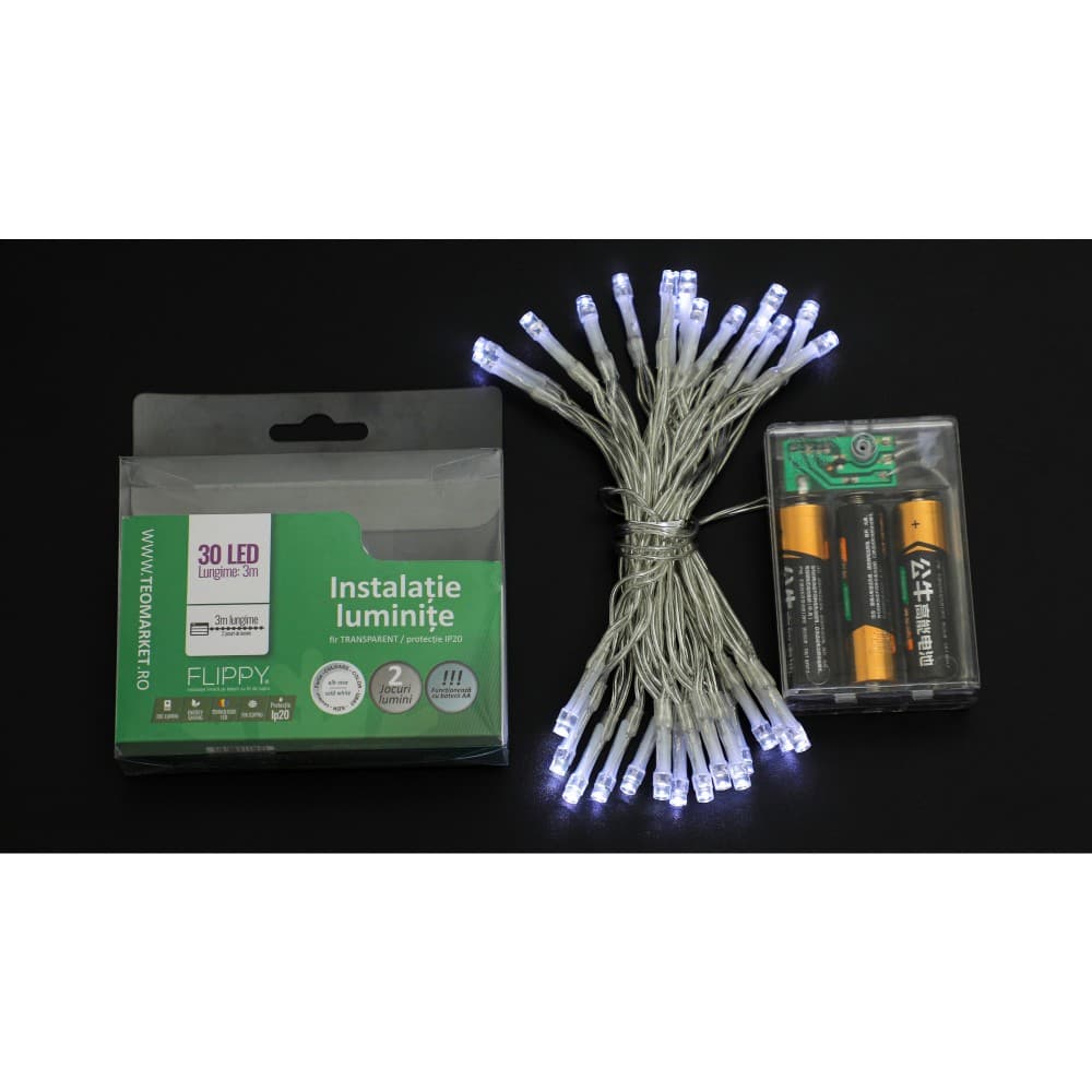 Instalatie de Craciun cu Baterii Tip Liniar, 2 jocuri de lumini, Fir Transparent 3 m 30 LED -uri, Alb Rece — 5