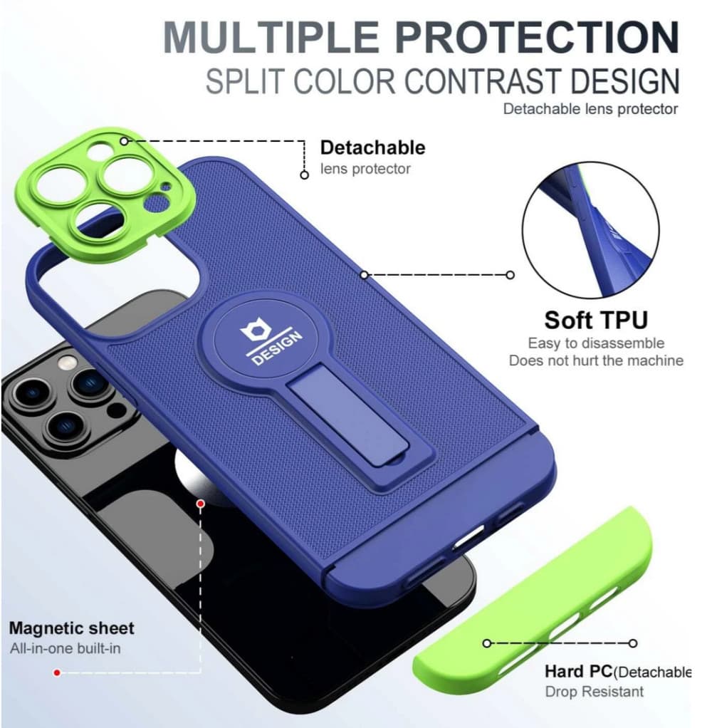Husa Apple iPhone 13, Armor Design, functie stand, insertie metalica pentru suport auto magnetic, albastru — 3