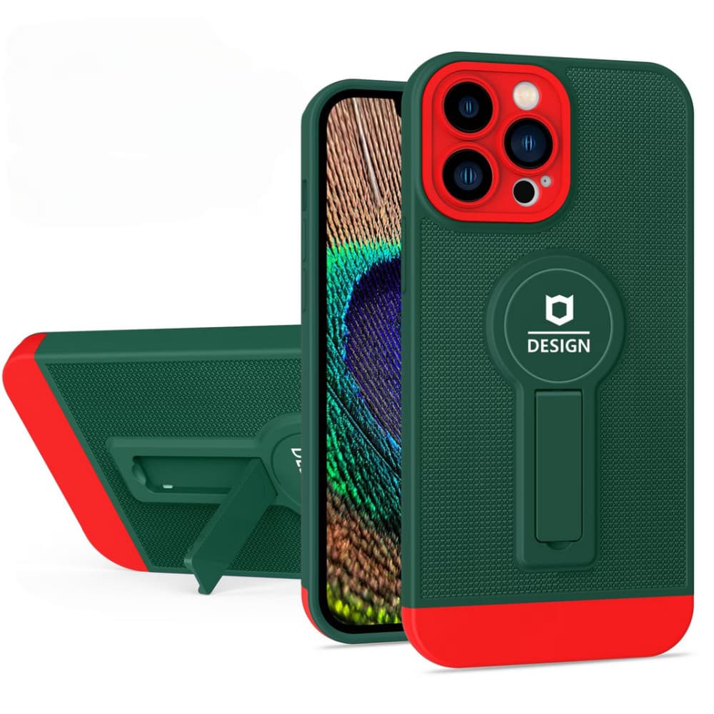 Husa Apple iPhone 13, Armor Design, functie stand, insertie metalica pentru suport auto magnetic, verde/rosu — 2