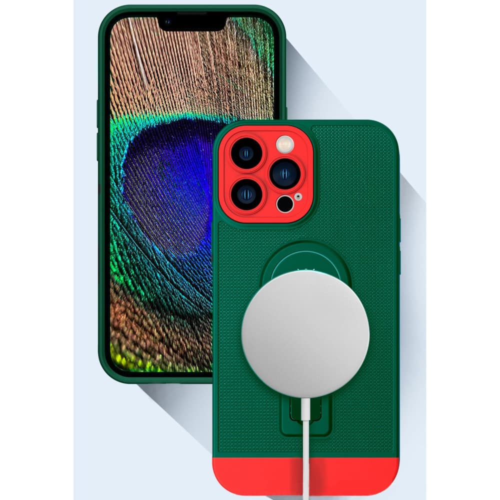 Husa Apple iPhone 13, Armor Design, functie stand, insertie metalica pentru suport auto magnetic, verde/rosu — 3