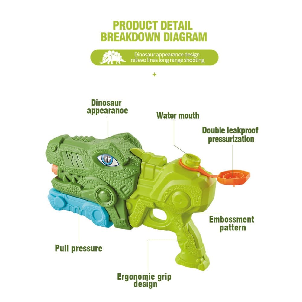 Jucarie pistol cu apa, Tiranozaur, plastic, 3 duze, rezervor 600 ml, 6 ani+, verde — 2