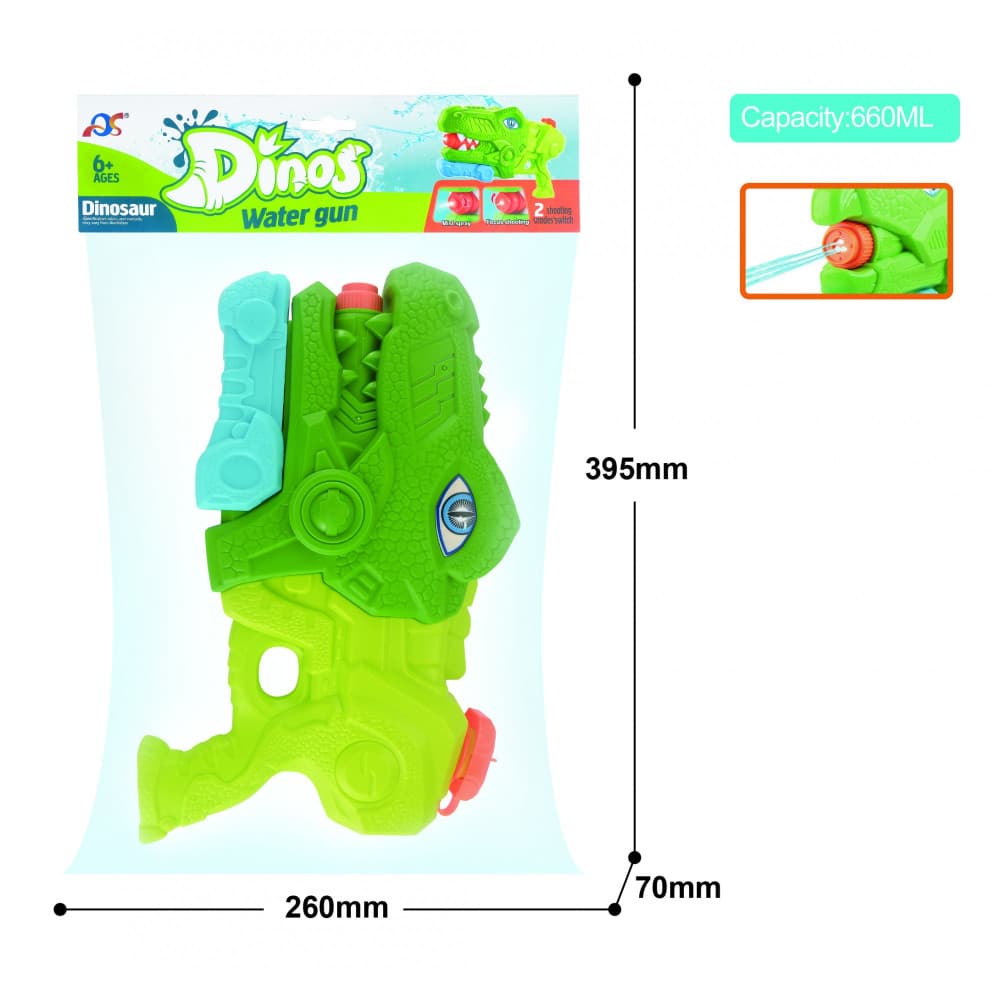 Jucarie pistol cu apa, Tiranozaur, plastic, 3 duze, rezervor 600 ml, 6 ani+, verde — 3