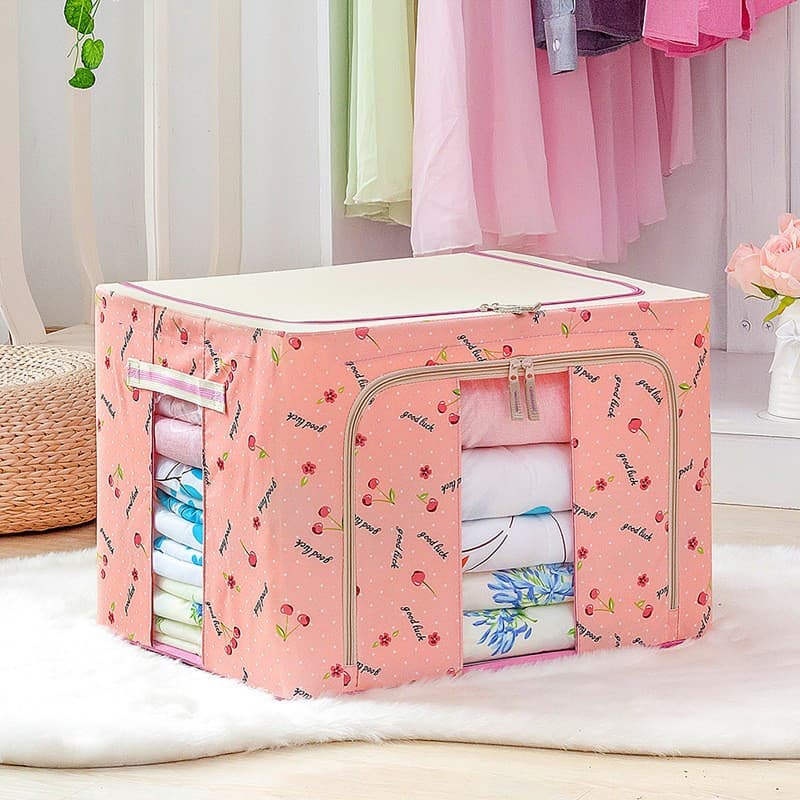 Cutie de depozitare pliabila, fermoar, 66 litri, textil, 50 x 40 x 33 cm, cadru metalic, suport baza stabil din plastic, imprimeu cirese, roz — 2