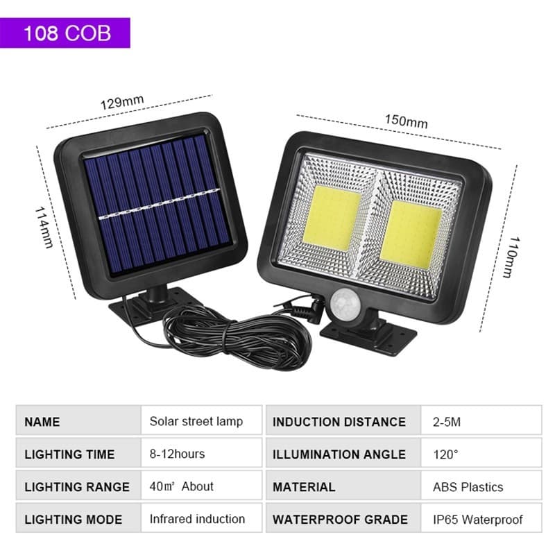 Lampa solara cu senzor de miscare, 108 COB LED, 2 grile, 2400lm, IP65, neagra — 5