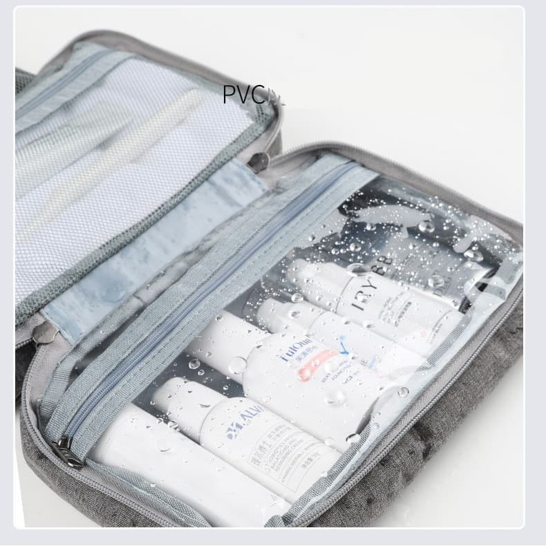 Geanta cosmetice voiaj, material panza, impermeabil, 3 compartimente, agatatoare, 47 x 28 x 20 cm, gri — 2