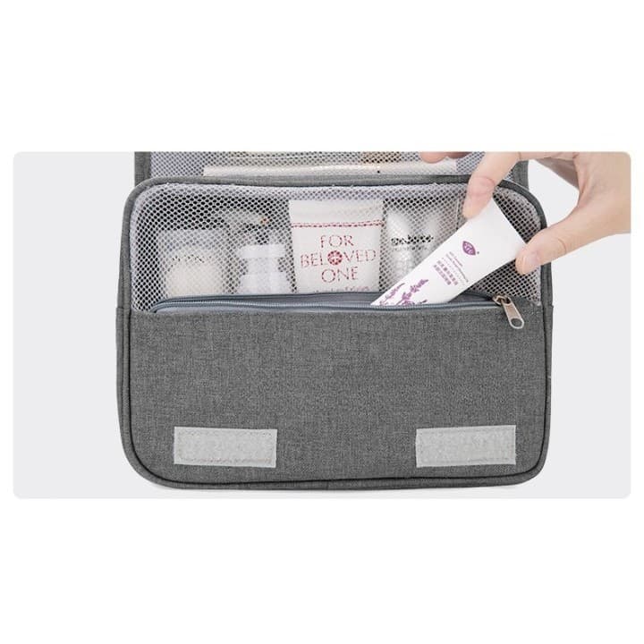 Geanta cosmetice voiaj, material panza, impermeabil, 3 compartimente, agatatoare, 47 x 28 x 20 cm, gri — 6