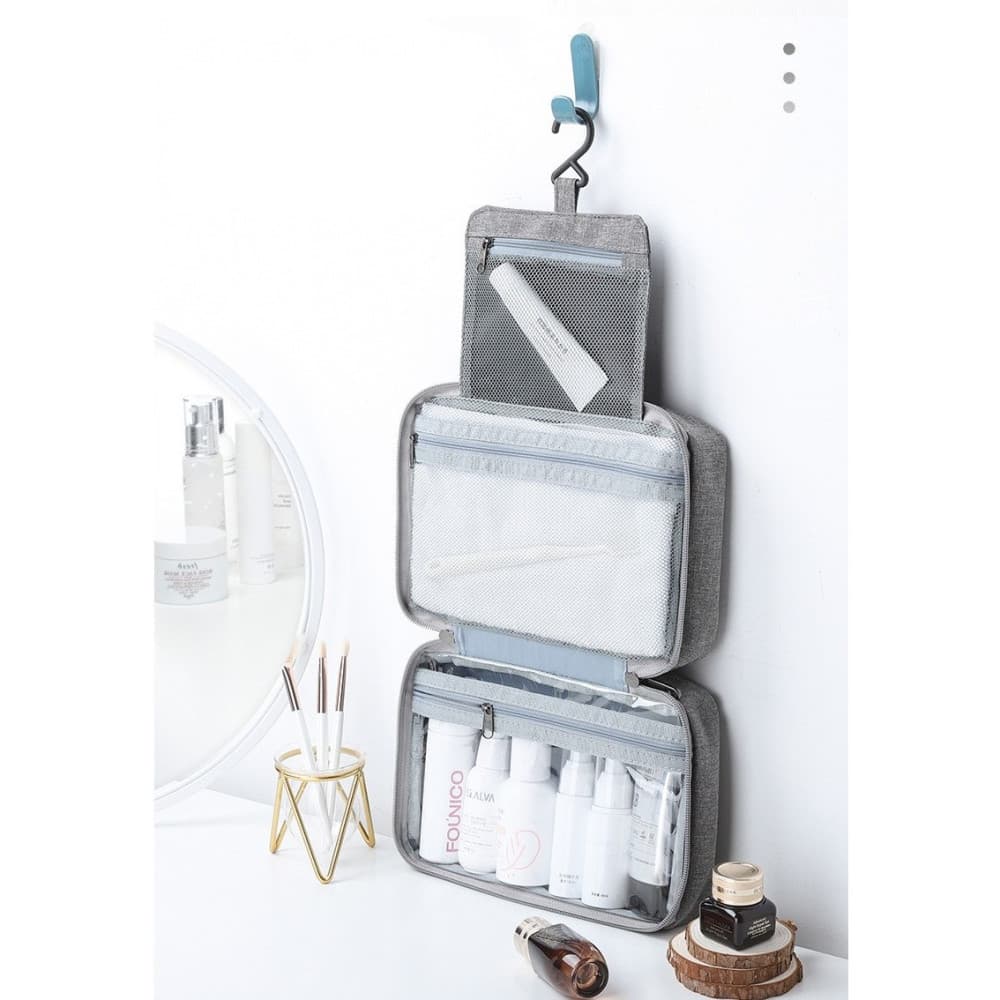 Geanta cosmetice voiaj, material panza, impermeabil, 3 compartimente, agatatoare, 47 x 28 x 20 cm, gri — 8