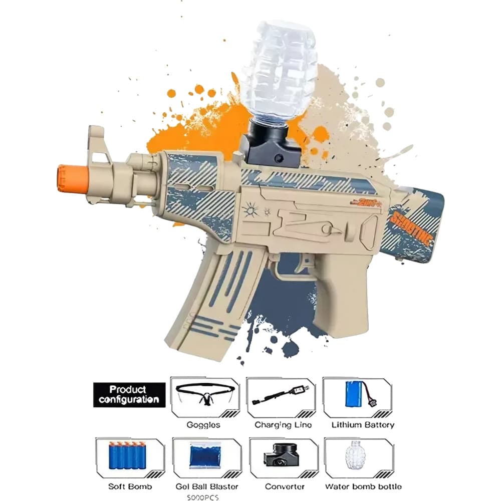 Mitraliera de jucarie cu bile de hidrogen de gel, electrica, 5000 bile incluse, ochelari protectie, AK47, maro — 3