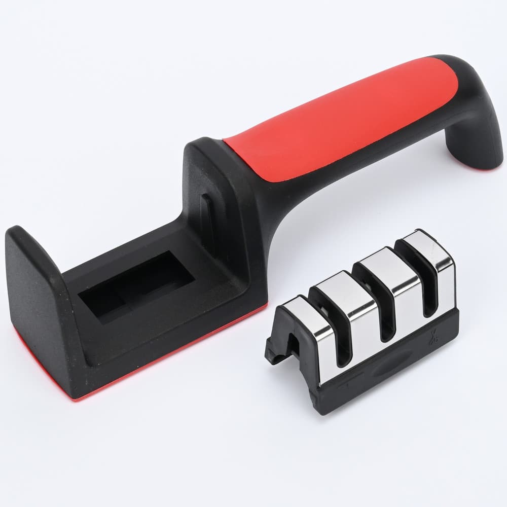 Dispozitiv pentru ascutit cutite, 3 pozitii, rosu/negru, material inox si ABS — 2