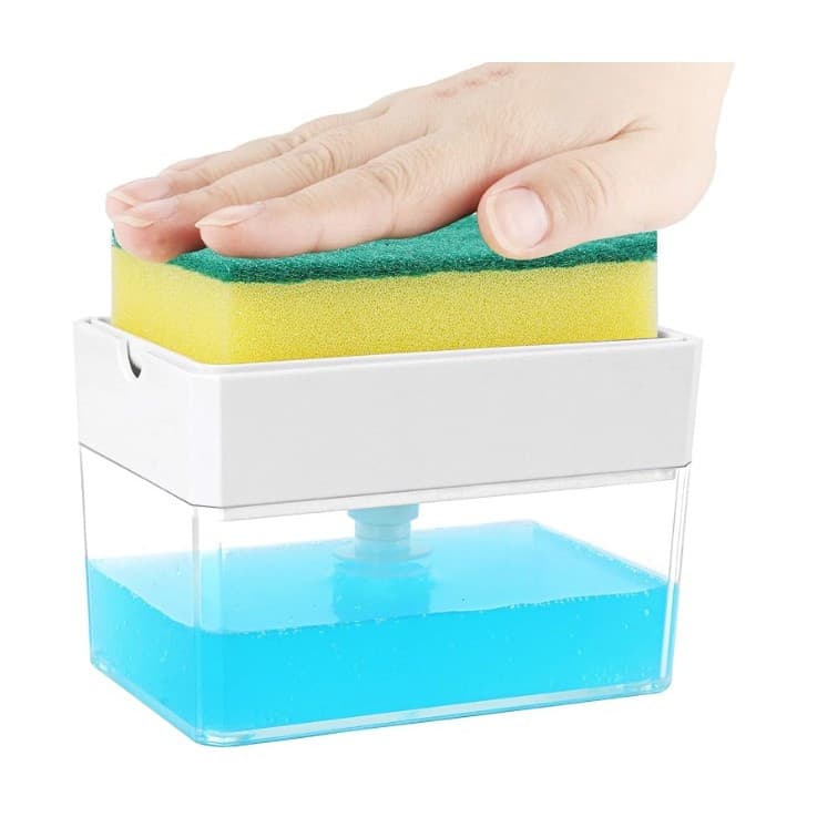 Dispenser dozator 2 in 1 pentru detergent, lichid de vase, suport pentru burete, 14 x 10.5 x 10 cm, 380 ml, alb — 4