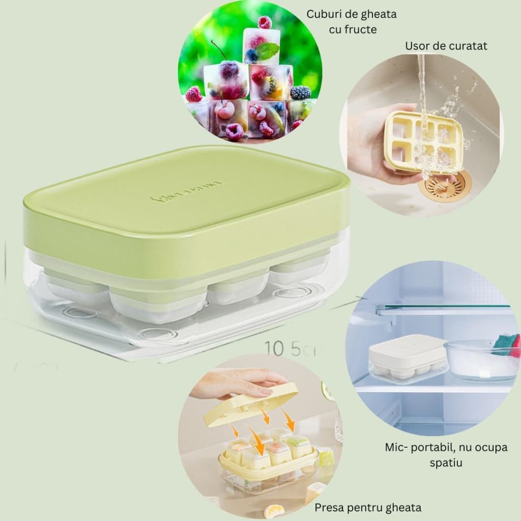 Forma pentru gheata din silicon alimentar, 6 cuburi, caserola pentru depozitare, usor de folosit si curatat, 10.5 x 7.5 x 4.1 cm, verde — 3