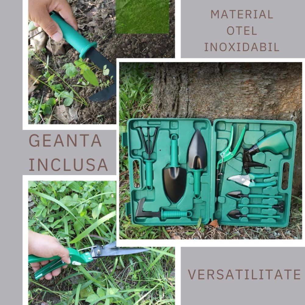 Set 10 accesorii pentru gradinarit, geanta depozitare inclusa, otel inoxidabil, 37 x 28 cm, verde — 2