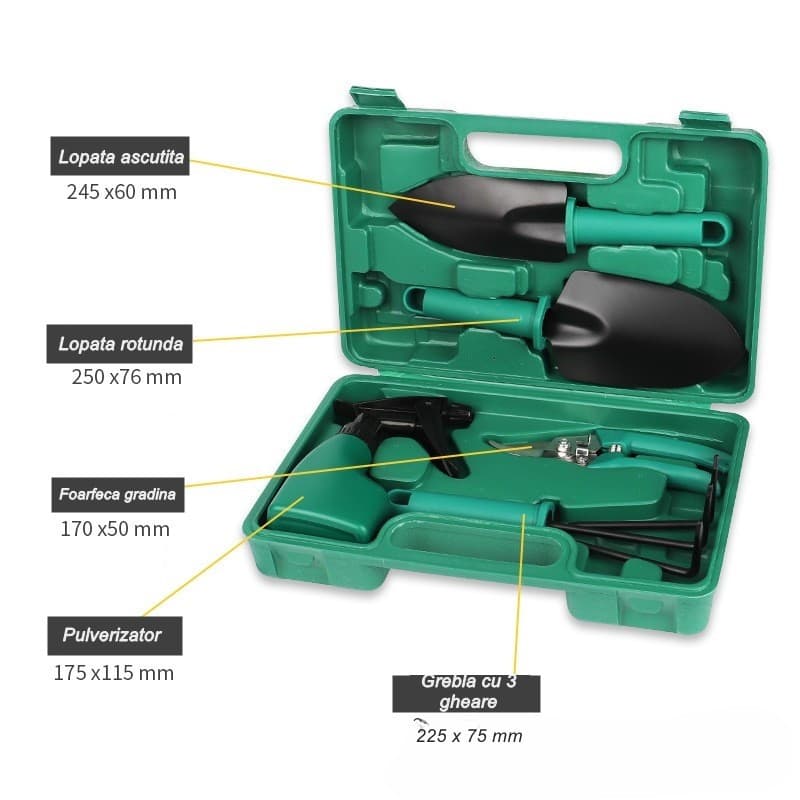 Set 5 accesorii pentru gradinarit, geanta depozitare inclusa, otel inoxidabil, 18.5 x 29.5 cm, verde — 2