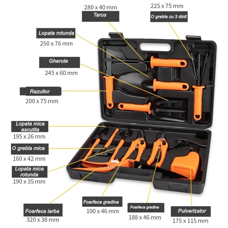 Set 12 accesorii pentru gradinarit, geanta depozitare inclusa, otel inoxidabil, 37 x 27 cm, portocaliu — 2