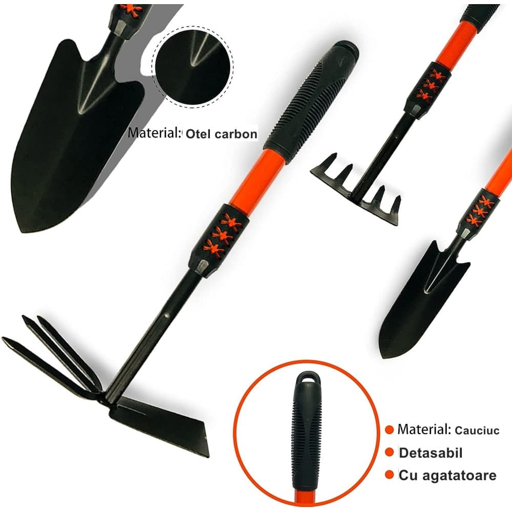 Set 4 unelte de gradina, maner extensibil, pentru plantare si ingrijire plante, otel carbon, negre — 2