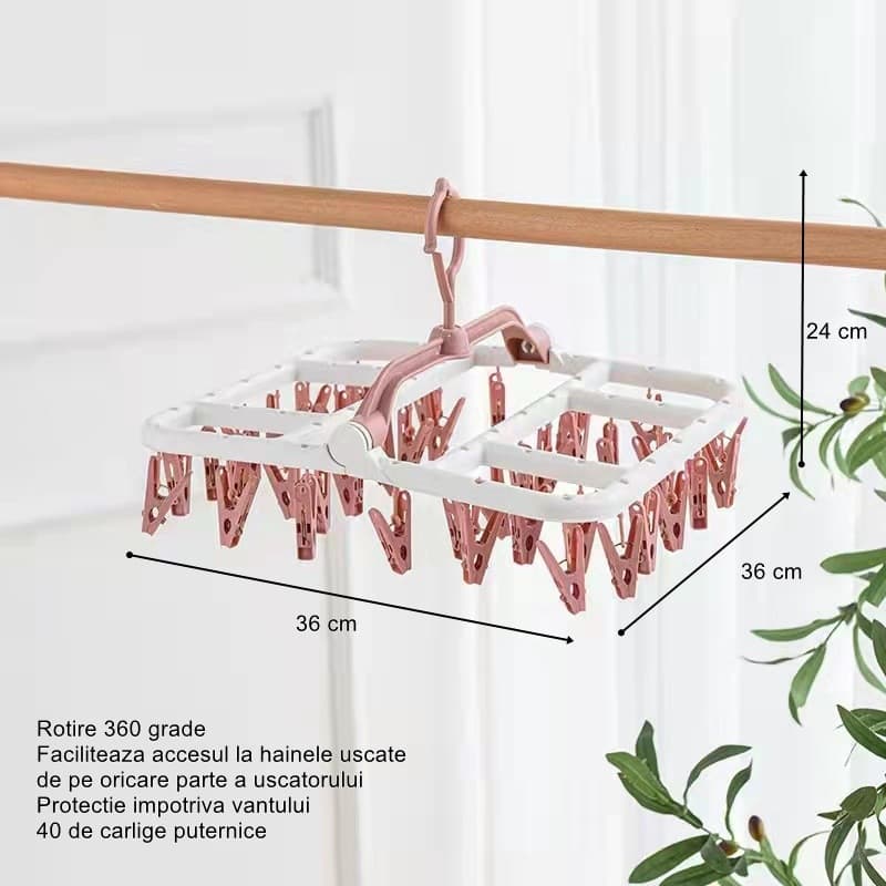 Uscator de rufe suspendat, 40 carlige, rotire 360 Grade, protectie vant, pliabil, 36 x 24 cm, alb/roz — 4