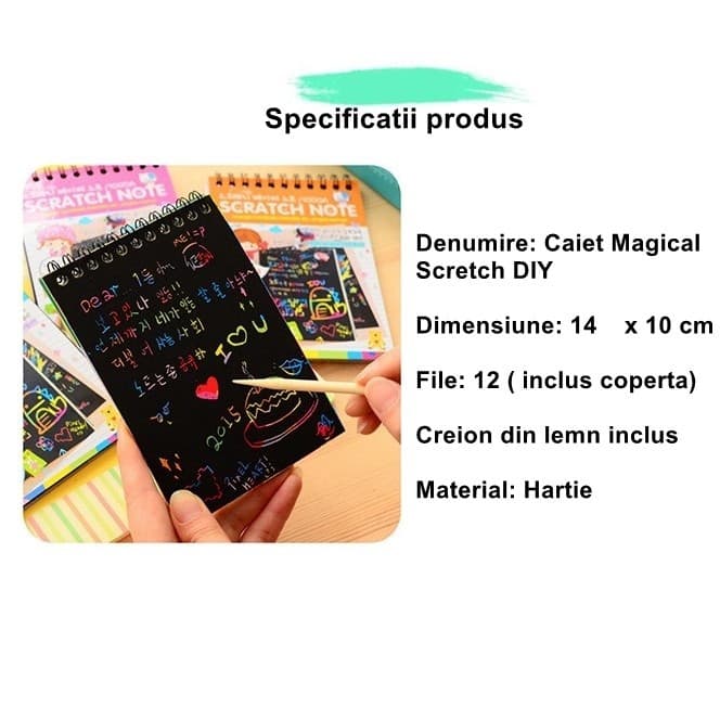 Caiet cu 10 fise razuibile DIY Magic Scratch, Curcubeu, Creion din Lemn, Cartonase negre, 14 x 10 cm, rosu — 2