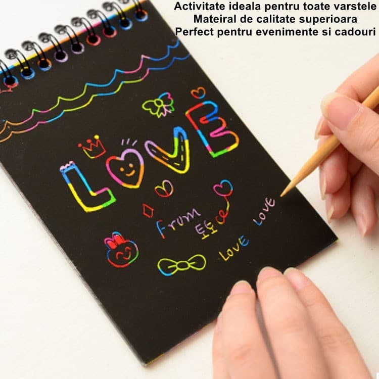 Caiet cu fise razuibile DIY Magic Scratch, 12 File, 14 x 10 cm, curcubeu, creion lemn, cartonase negre, Baby Blue — 2