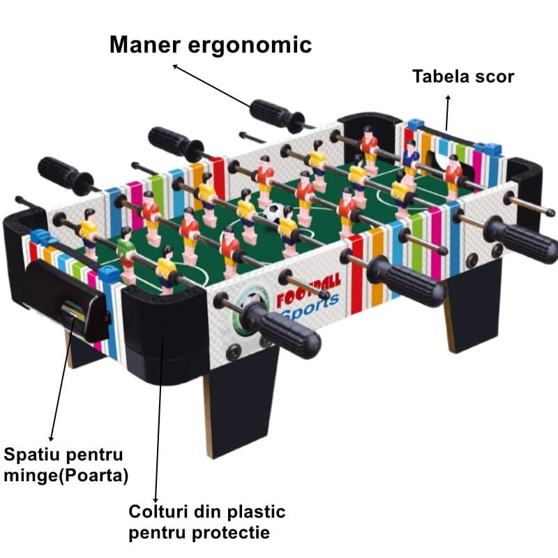Masa de fotbal cu teren si 18 jucatori , 6 manere, tabela scor, metal, lemn si ABS, 51 x 44 x 17.5 cm, cu picioare, multicolora — 2