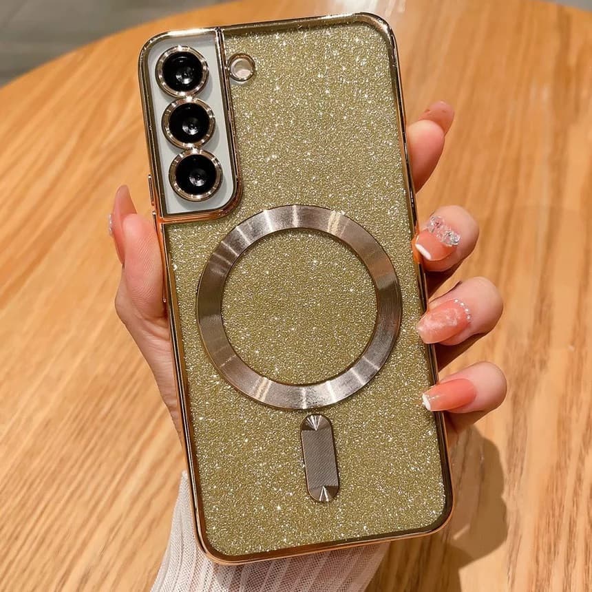Husa Samsung Galaxy S23 FE, Electroplating Magsafe Glitter TPU, protectii lentile camere, aurie