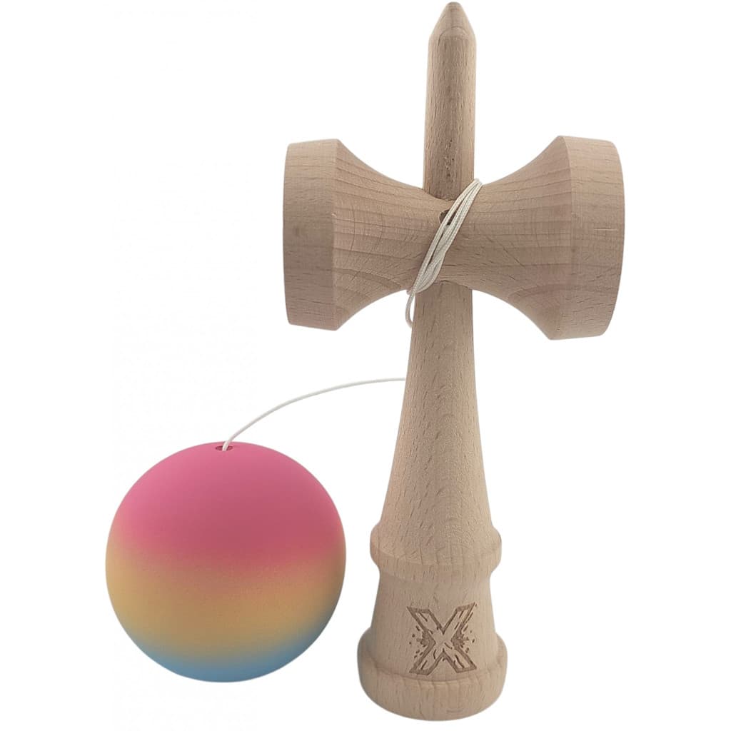 Jucarie lemn Kendama X, originala, profesionala, Rubber Grip, roz/galben/albastru — 2