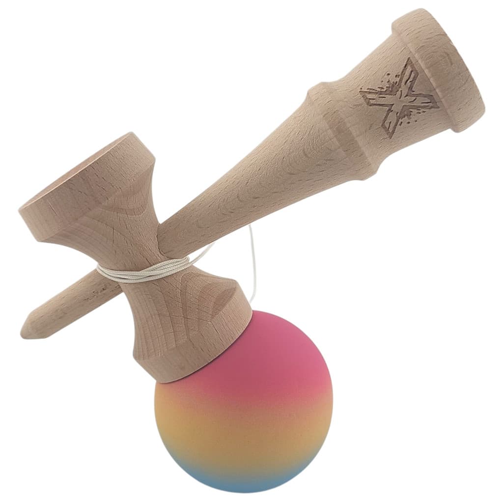 Jucarie lemn Kendama X, originala, profesionala, Rubber Grip, roz/galben/albastru — 3