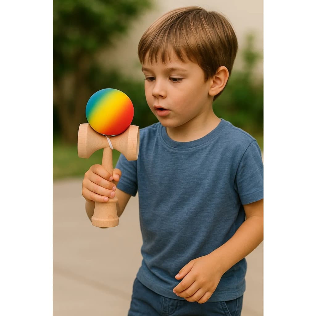 Jucarie lemn Kendama X, originala, profesionala, Rubber Grip, rosu/galben/albastru — 4