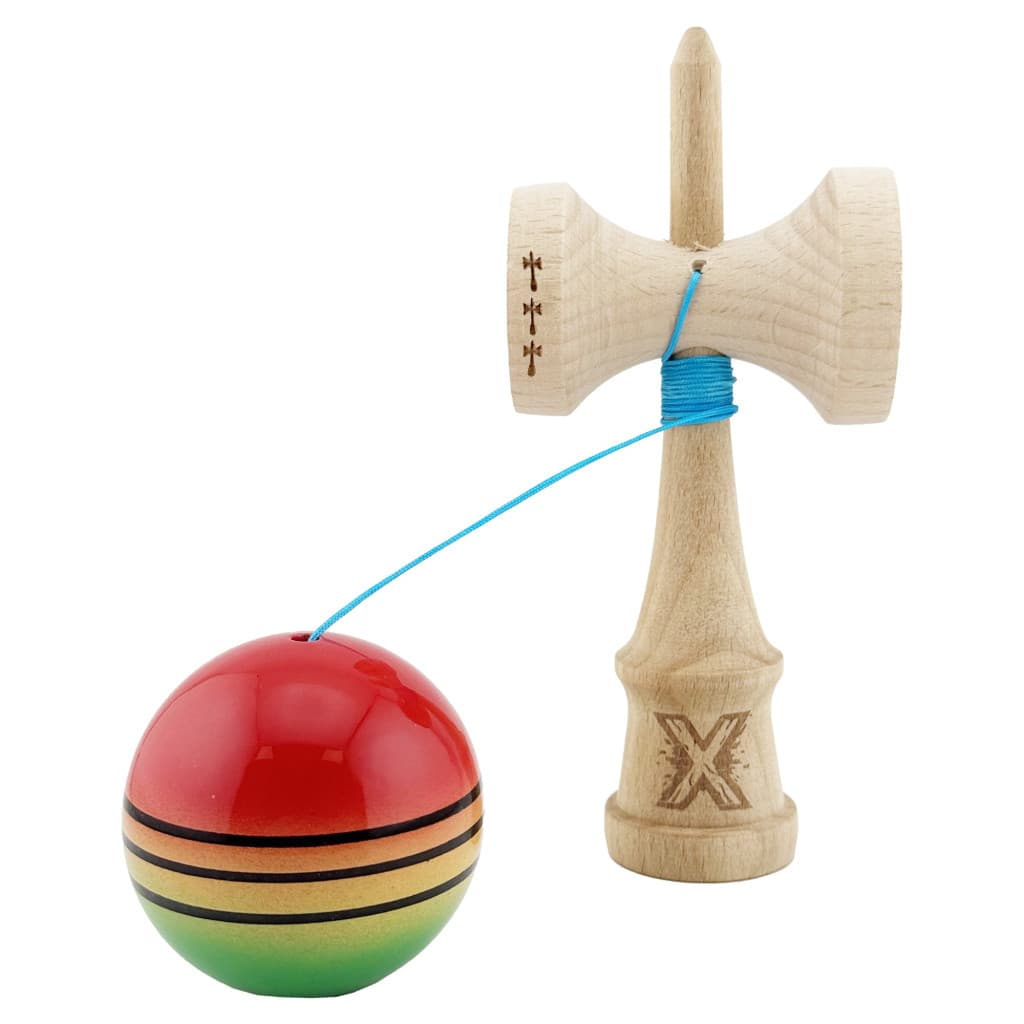 Jucarie lemn Kendama X, Super Sticky, cupe mari V2, gaura in basecup, rulment, ata rezerva, rosu/galben/verde — 3