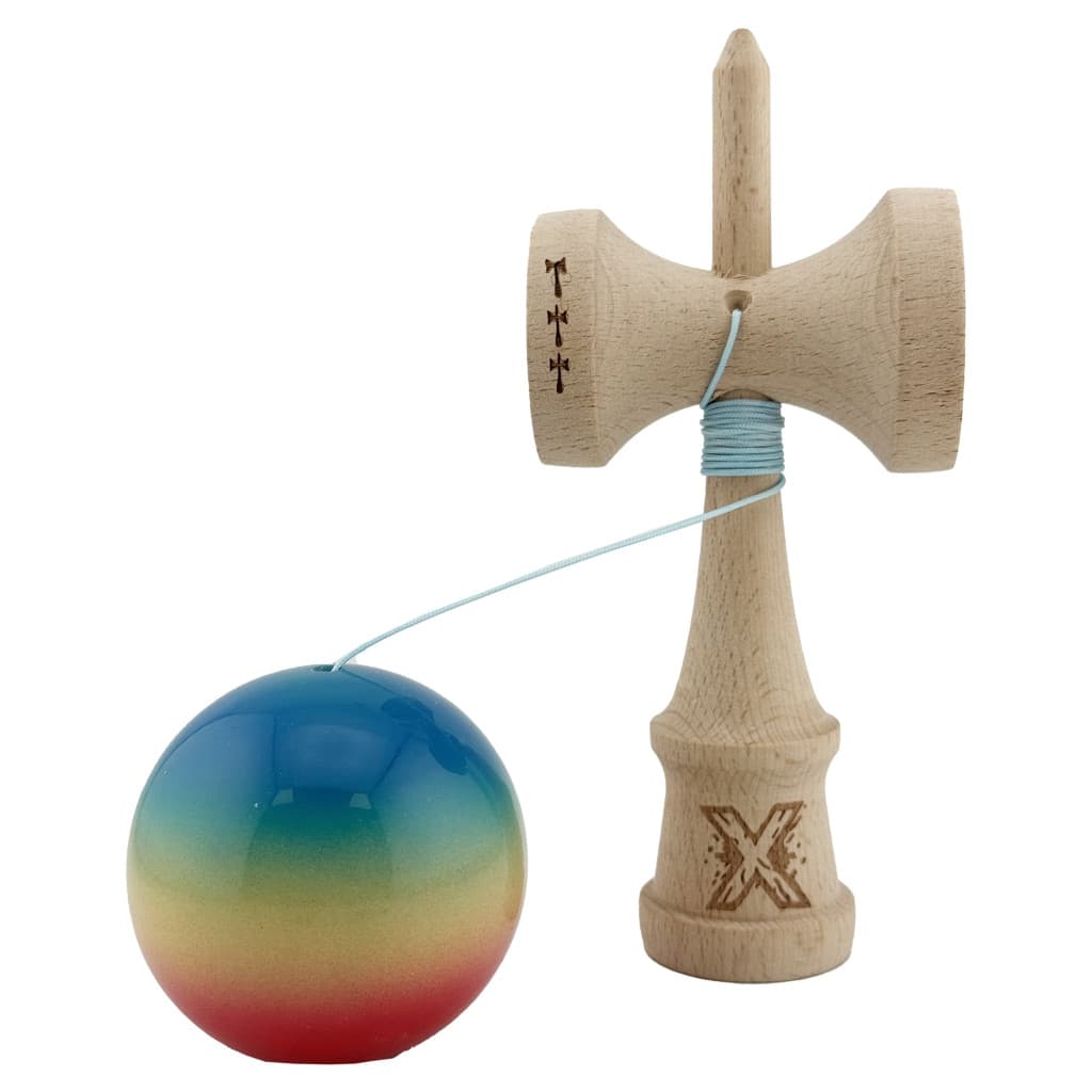 Jucarie lemn Kendama X, Super Sticky, cupe mari V2, rulment, ata rezerva, rosu/galben/albastru — 3