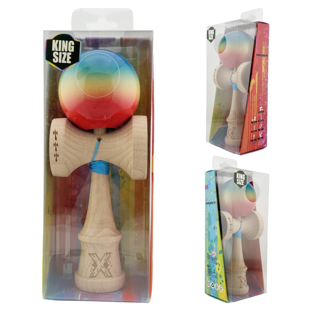 Jucarie lemn Kendama X, Super Sticky, cupe mari V2, rulment, ata rezerva, rosu/galben/albastru — 4