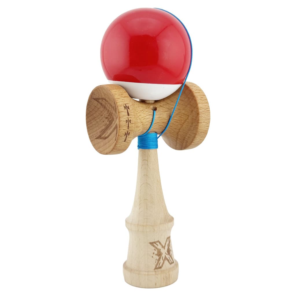 Jucarie lemn Kendama X, Super Sticky, cupe mari V2, gaura in basecup, rulment, ata rezerva, rosu/alb — 2