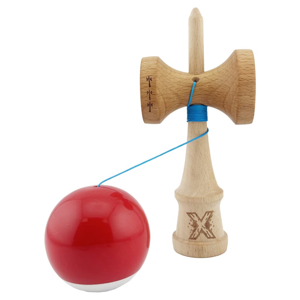 Jucarie lemn Kendama X, Super Sticky, cupe mari V2, gaura in basecup, rulment, ata rezerva, rosu/alb — 3