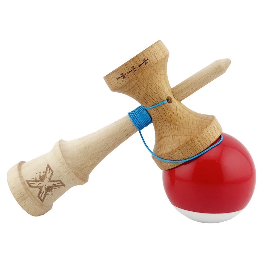 Jucarie lemn Kendama X, Super Sticky, cupe mari V2, gaura in basecup, rulment, ata rezerva, rosu/alb — 4
