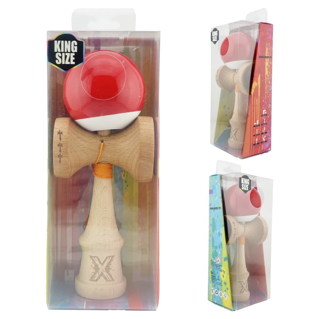 Jucarie lemn Kendama X, Super Sticky, cupe mari V2, gaura in basecup, rulment, ata rezerva, rosu/alb — 5