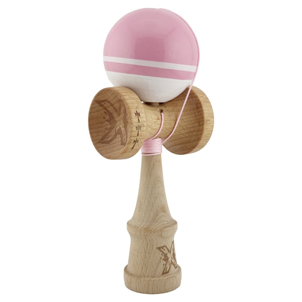 Jucarie lemn Kendama X, Super Sticky, cupe mari V2, gaura in basecup, rulment, ata rezerva, roz/alb — 2