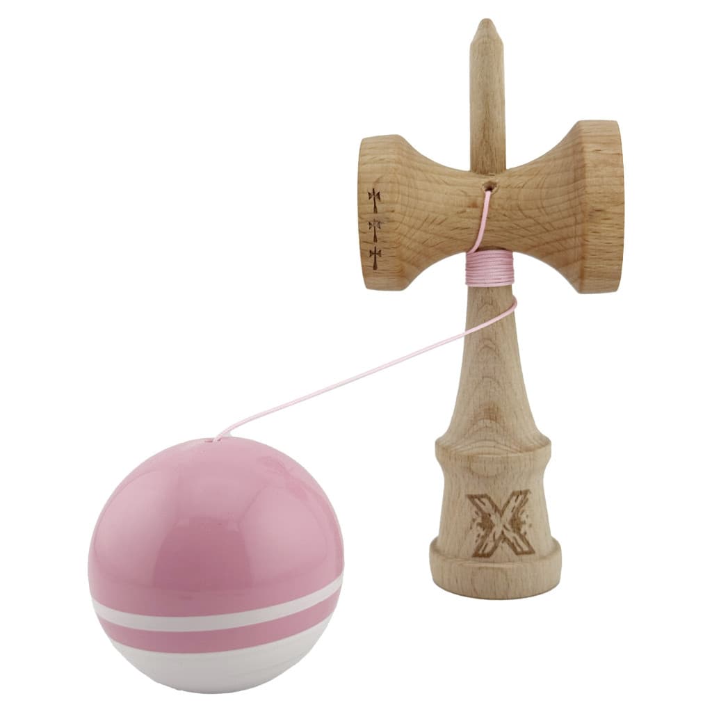 Jucarie lemn Kendama X, Super Sticky, cupe mari V2, gaura in basecup, rulment, ata rezerva, roz/alb — 3